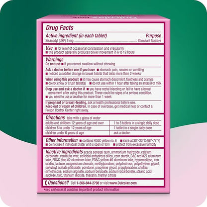 Dulcolax Pink Stimulant Laxative Tablets, Overnight Laxative, Predictable & Effective Constipation Relief, Relieves Straining & Bloating, Bisacodyl 5 mg, 25 Count
