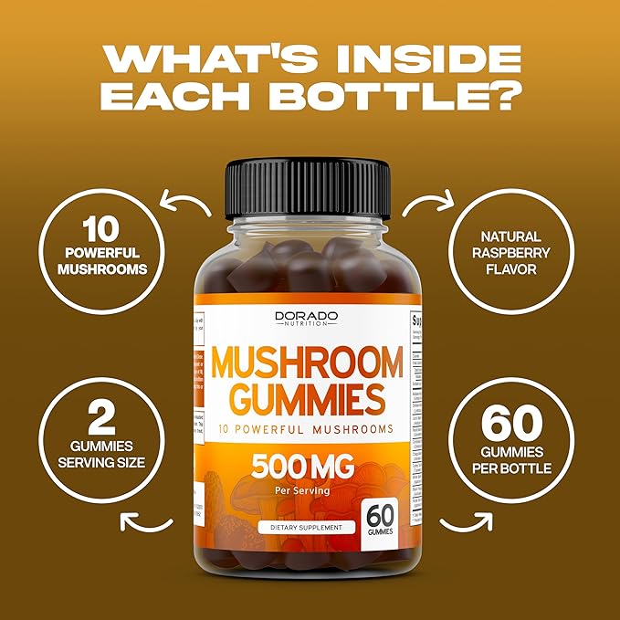 Mushroom Gummies 10 in 1 Blend (60 Gummies with Lions Mane, Cordyceps, Reishi & More Functional Mushrooms) Focus & Brain Gummy Mushroom Supplement - Vegan Safe & Third Party Tested - USA Made