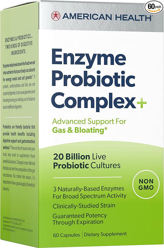 AMERICAN HEALTH Enzyme Probiotic Complex Plus, 20 Billion Microorganisms - Clinically Studied Strain - Advanced Support for Gas & Bloating* - Non-GMO - 60 Capsules, 60 Total Servings