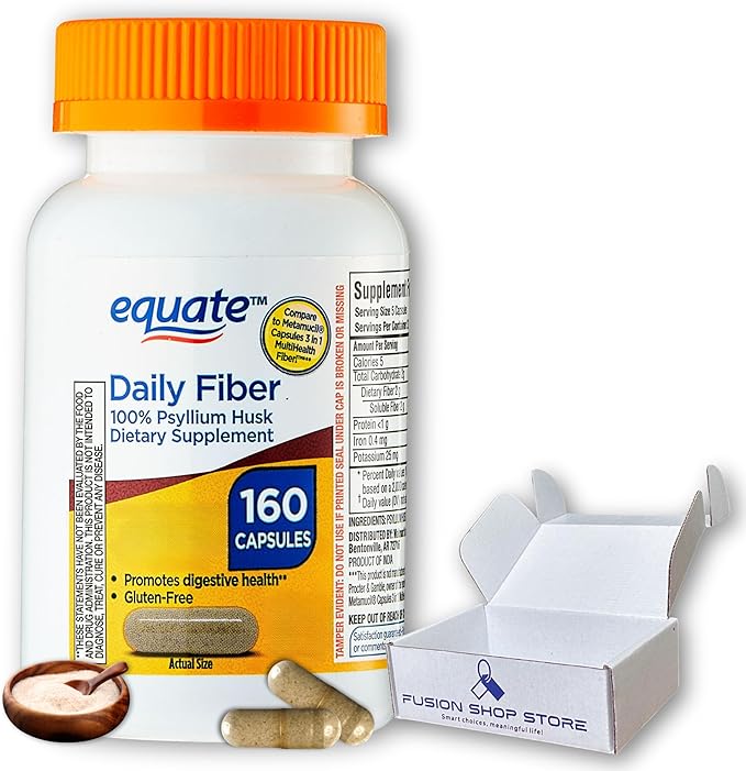 Equate Daily Fiber - Psyllium Husk Capsules 160ct (Pack of 1) - Supplement for Regularity & Digestive Support, Boxed by Fusion Shop Store