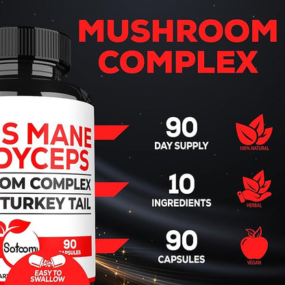 Satoomi 10in1 Cordyceps Mushroom Supplement - Blended with Lions Mane, Turkey Tail Mushroom, Reishi Mushroom & Others - 90 Capsules for 90 Serving Supply