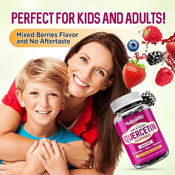 Quercetin Gummies for Kids and Adults, 1000mg Quercetin with Bromelain Vitamin C Zinc and Elderberry Supplement Organic, Chewable Gummies Vegan for Immunity Allergy Support, 120 Count