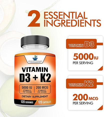 American Standard Supplements Vitamin D3 5000 IU (125mcg) Plus Vitamin K2 (MK7) 200mcg Per Capsule - Gluten Free, Non-GMO, 120 Capsules, 120 Servings, 120 Day Supply