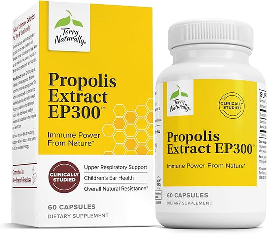 Terry Naturally Propolis Extract EP300 - Upper Respiratory & Immune System Support Supplement - Child & Adult Supplement with Bee Propolis Extract - 60 Capsules