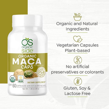 Organic Side | Maca Capsules | USDA Certified Organic, Non-GMO, Vegan | 60 Capsules for Energy | Hormone Balance, and Vitality | Natural Supplement