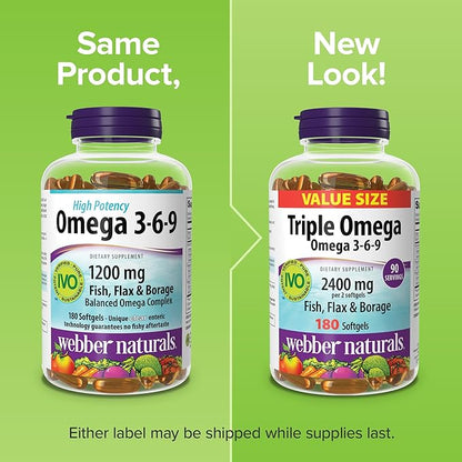 Webber Naturals Triple Omega 3-6-9, 2400 mg Fish Oil Per Serving, High Potency, 180 Softgels, No Fishy Aftertaste, Ultra-Purified, for Heart, Brain and Cardiovascular Health, Shellfish-Free