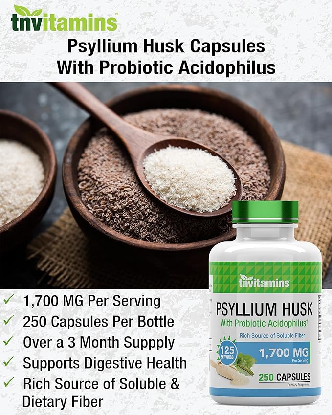Psyllium Husk Capsules | 1700 MG - 250 Capsules | with Probiotic Acidophilus | Extra Strength Soluble & Dietary Fiber Supplement | Supports Digestive Health