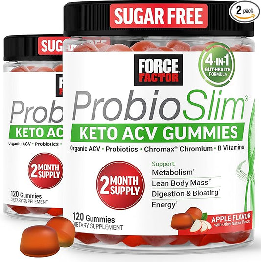 Force Factor ProbioSlim Keto ACV Gummies, Organic Apple Cider Vinegar Gummies with LactoSpore Probiotics & Prebiotics to Support Digestion, Metabolism, & Immune Health, 1 Net Carb, Apple Flavor, 240ct
