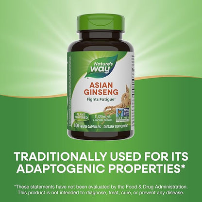 Nature's Way Asian Ginseng, Fights Fatigue*, 1,120mg Per 2-capsule Serving, Non-GMO Project Verified, Vegan, 100 Capsules (Packaging May Vary)