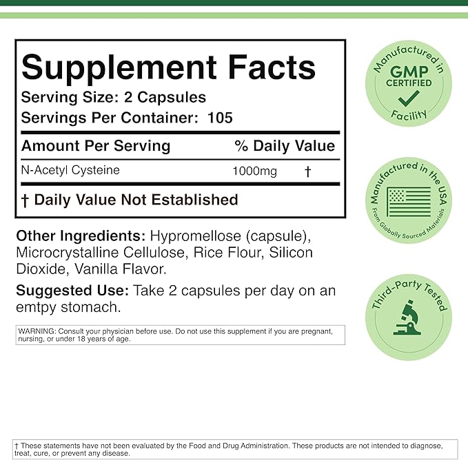 NAC Supplement N-Acetyl Cysteine (1,000mg Per Serving 500mg Per Cap, 210 Capsules) (Third Party Tested) with Odor Masking Technology to Boost Glutathione Levels by Double Wood