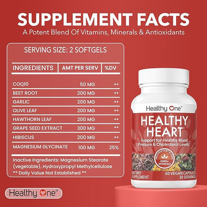Healthy Heart - Promotes Healthy Cholesterol Circulation & Blood Pressure - Plaque - Cortisol - Arteries - LDL - HDL - CoQ10 - Hawthorne - Beet Root - Garlic - Olive Leaf - Hibiscus - 60 Count