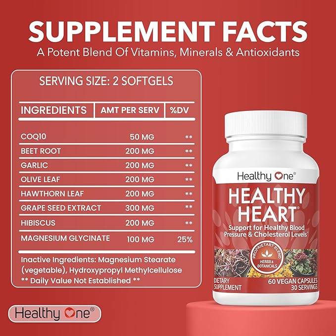 Healthy Heart - CoQ10 - Cholesterol - Circulation - Inflammation - Blood Pressure - Plaque - Cortisol - Arteries - LDL - HDL - Hawthorne - Beet Root - Garlic - Olive Leaf - Hibiscus - 150 Count