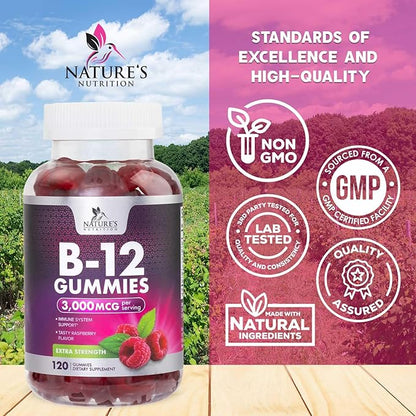 B12 Gummies for Adults, Extra Strength Energy 3000 mcg - B-12 Energy Metabolism & Immune System Support - Chewable Dietary Supplement for Adults & Kids Caffeine Free Gummy Vitamin - 120 Gummies