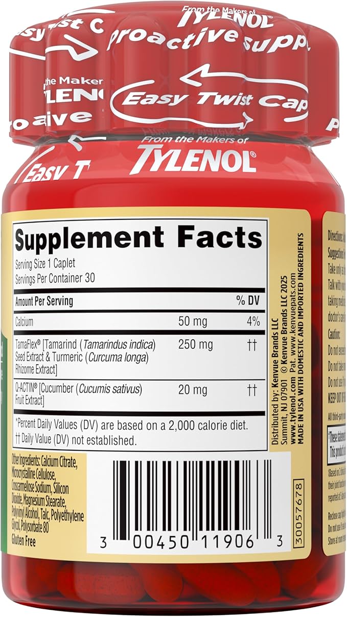 Tylenol Proactive Support* Muscle & Joint Supplements, Tamarind + Turmeric Supplement + Cucumber Extract to Improve Joint Comfort & Flexibility*, Acetaminophen Free, 30 ct