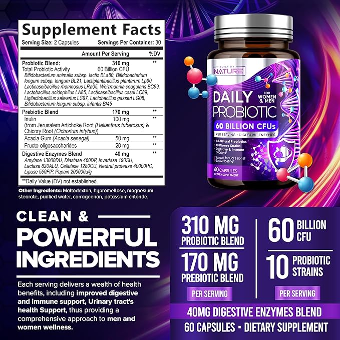 Built by Nature Probiotic for Women & Men – 60 Billion CFU, 10 Strains + Prebiotics & Digestive Enzymes – Supports Digestive, Immune, Reduce Gas & Bloating – Shelf Stable, Non-GMO - 60 Capsules