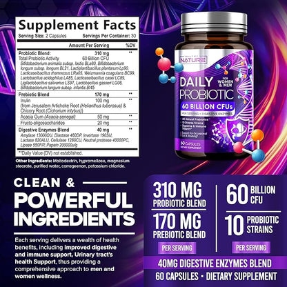 Built by Nature Probiotic for Women & Men – 60 Billion CFU, 10 Strains + Prebiotics & Digestive Enzymes – Supports Digestive, Immune, Reduce Gas & Bloating – Shelf Stable, Non-GMO - 60 Capsules