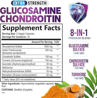 Glucosamine Chondroitin MSM Complex - 2100mg Joint Support Supplement with Turmeric & Boswellia - Quercetin for Joints, Bones, Knees & Mobility - Triple Strength Glucosamine Sulfate - 60 Capsules
