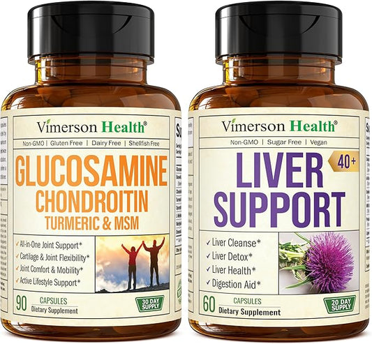 Glucosamine Chondroitin MSM with Turmeric Boswellia & Liver Cleanse Detox & Repair 40+ Liver Supplement with 50% Silymarin Milk Thistle Extract for Joint and Liver Support