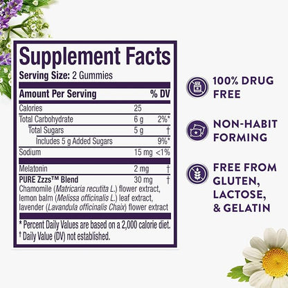 ZzzQuil Pure Zzzs Melatonin Gummies, Sleep Aid, Melatonin 2mg, with Chamomile & Lavender, Melatonin Sleep Gummies, Sleep Aids for Adults, Wildberry Vanilla Flavored, 48 Sleep Gummies