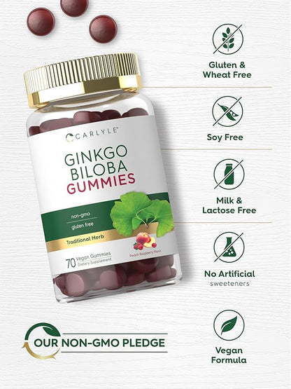 Carlyle Ginkgo Biloba 300mg | 70 Gummies | 45:1 Leaf Extract | with Peach Raspberry Flavor | Vegan, Non-GMO, Gluten Free Supplement