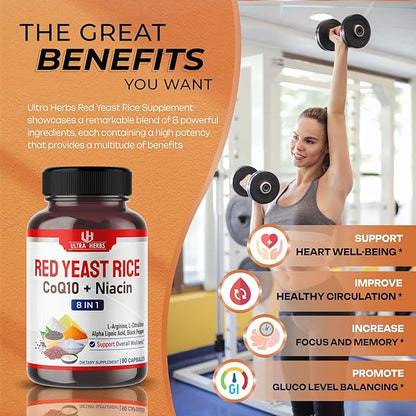 Ultra Red Yeast Rice CoQ10 - Promote Overall Health with Niacin, L-Arginine, L-Citrulline (90 Count (Pack of 1))
