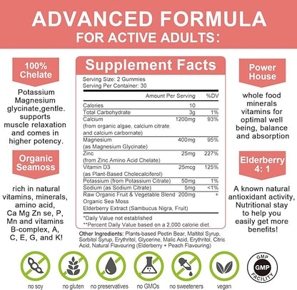 1200mg Calcium Gummies with D3,K2,Zinc - Plant Complex Calcium Magnesium Supplement with Glycinate,Potassium,Vitamin C &Whole Natural Food for Bone & Immune Support- 120 Chewable Gummy Sugar-Free