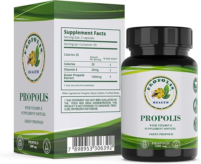 Propolis Health Propolis Capsules 1000mg-Daily with Vitamin E Per 2 Capsules - Brazilian Green Propolis Extract - Immune Booster 50 Days Supply Propolis Capsules (100 Capsules)