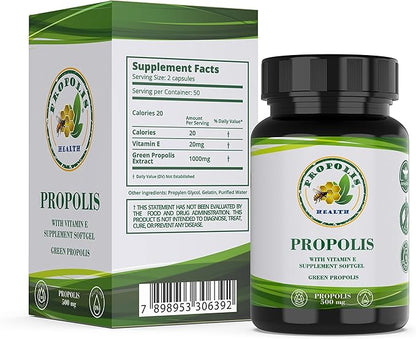 Propolis Health Propolis Capsules 1000mg-Daily with Vitamin E Per 2 Capsules - Brazilian Green Propolis Extract - Immune Booster 50 Days Supply Propolis Capsules (100 Capsules)