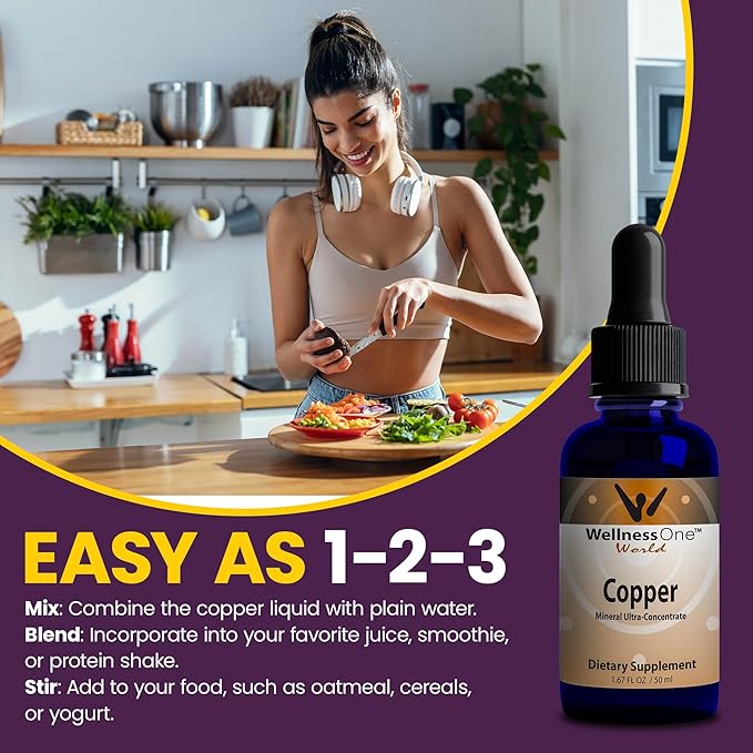 WellnessOne Liquid Copper Supplements - Bone Health & Immune Support Supplement - Copper Supplement Drops for Blood Cell Production & Collagen Formation for Kids, Men & Women - 1.67 fl oz