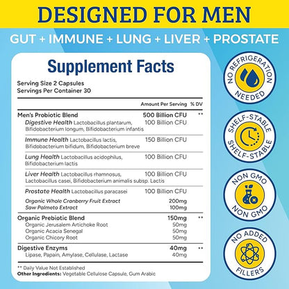 Probiotics for Men, 500 Billion CFUs & 12 Strains, Prebiotic & Probiotic, Cranberry, Saw Palmetto, Digestive Enzymes, Gut & Bloating, Lung Liver Prostate Support, 30-Day Supply
