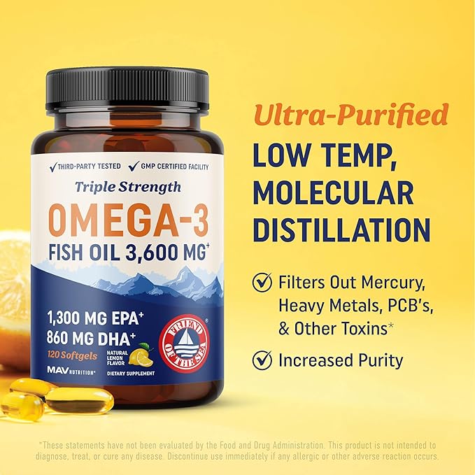 Triple Strength DHA Omega 3 Fish Oil 3600 mg | Over 2100mg Omega-3 Fatty Acids with 860mg of DHA | 1300mg EPA | Best Essential Fatty Acids | Premium Wild Caught & Burpless Fish Oil | 120 Softgels
