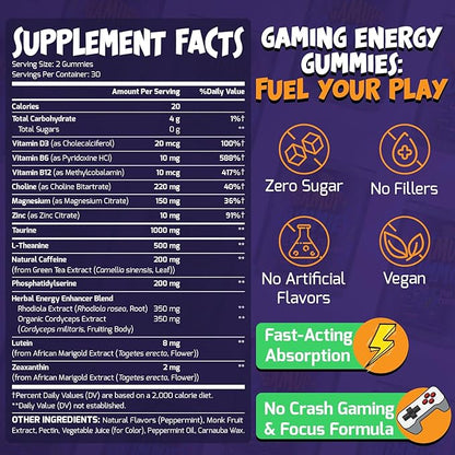Energy and Focus Gummies - Natural Caffeine Nootropics Supplement - Brain, Eye, and Bone Complex - Sugar-Free Peppermint - for Gamers, Workers, and Active Lifestyles - 60 Gummies