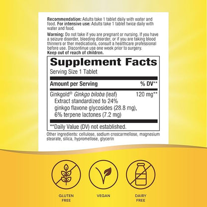 Nature's Way Ginkgold Max Advanced Ginkgo Extract, Supports Memory, Focus, and Concentration, and Cognitive Function*, Gluten free, Vegan, 60 Vegan Tablets (Packaging May Vary)