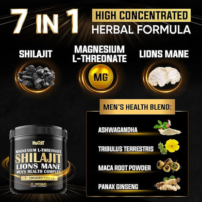 Shilajit Pure Himalayan Organic with Magnesium, Lions Mane, and Men Health Complex as Ashwagandha, Maca Root & More - Support Immunity, Brain Health & Positive Mood - 60 Capsules