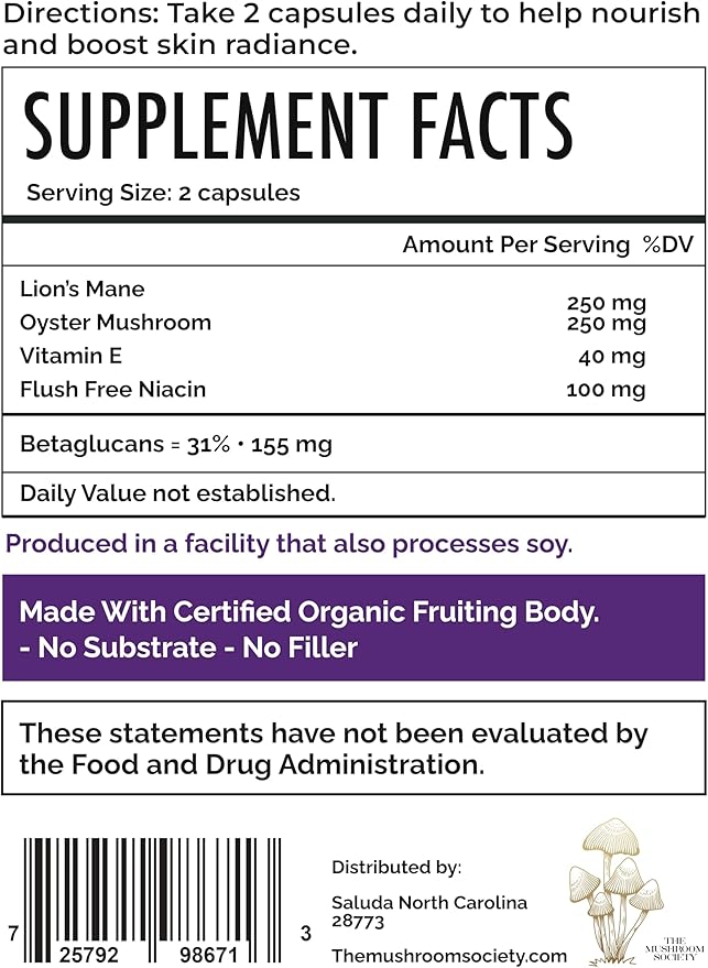 Skin Rejuvenation Supplement - Lion’s Mane, Oyster Mushroom, Vitamin E & Flush Free Niacin -Supports Skin Health & Radiance - 120 Capsules