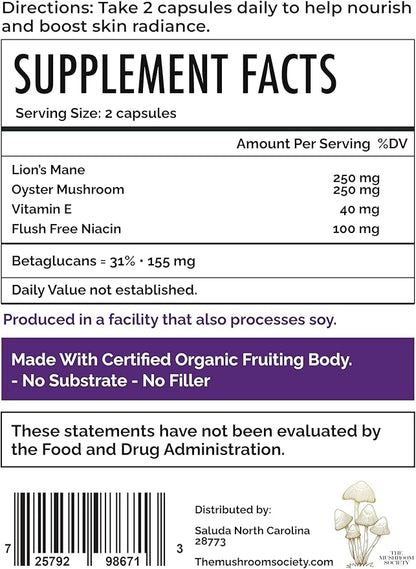 Skin Rejuvenation Supplement - Lion’s Mane, Oyster Mushroom, Vitamin E & Flush Free Niacin -Supports Skin Health & Radiance - 120 Capsules