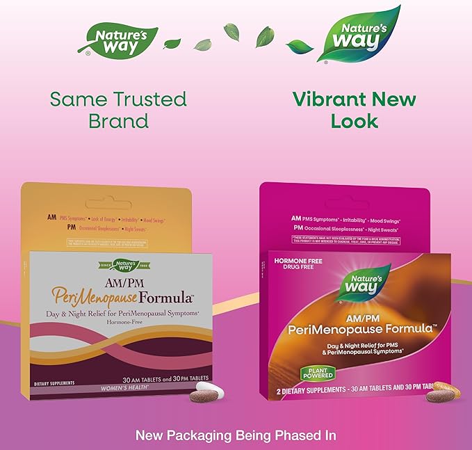 Nature's Way AM/PM PeriMenopause Formula, Perimenopause and PMS Symptom Support*, Hormone-Free, Hot Flashes*, PMS Symptoms*, Restful Sleep*, 30 AM & 30 PM Tablets (Packaging May Vary)