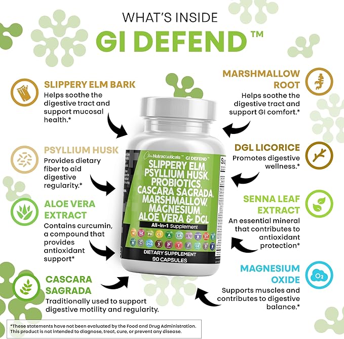 Clean Nutraceuticals Slippery Elm Psyllium Husk Pre Probiotic Digestive Gut Health Supplement with Aloe Vera Cascara Sagrada Marshmallow Root DGL Licorice Senna Extract