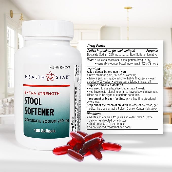 Extra-Strength Stool Softener Docusate Sodium 250mg Softgels Stimulant Laxative for Constipation & Irregularity| Gentle Constipation Relief Stool Softeners for Women & Men (100 Count) Pack of 2