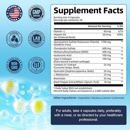 (2 Packs) Glucosamine Chondroitin MSM Collagen, 3000MG HSA FSA Eligible Items Only List for Men & Woman, Hsa Store Eligible Items Supplement, Glucosamine Chondroitin Sulfate 120 Capsules Made in USA