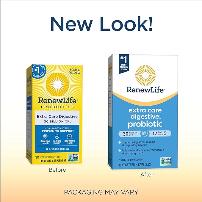 Renew Life Extra Care Go-Pack Probiotic Capsules, Daily Supplement Supports Immune, Digestive and Respiratory Health, L. Rhamnosus GG, Dairy, Soy and gluten-free, 30 Billion CFU, 30 Ct