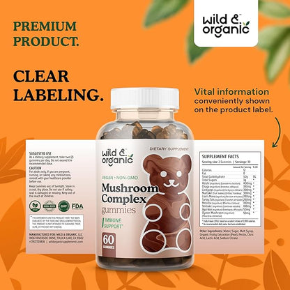 Wild & Organic Mushroom Gummies - Lion's Mane, Cordyceps, Turkey Tail, Reishi, Chaga, Maitake - 10-in-1 Complex - Mushroom Supplement Gummies for Immune & Brain Support - 60 Count