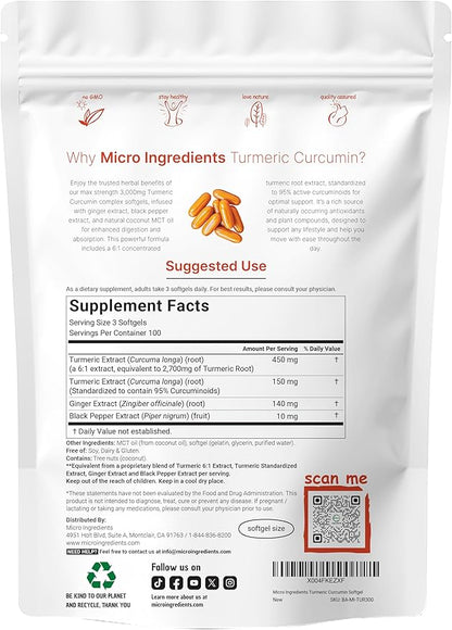 Turmeric Curcumin Supplement 3,000mg | 95% Curcuminoids | 300 Coconut MCT Oil Softgels with Turmeric, Ginger & Black Pepper Extracts | High Absorption | Healthy Joint Support for Men & Women | Non-GMO