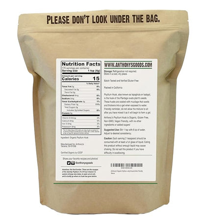 Anthony's Organic Psyllium Husk Powder, 1.5 lb, Gluten Free, Non GMO, Finely Ground, Keto Friendly