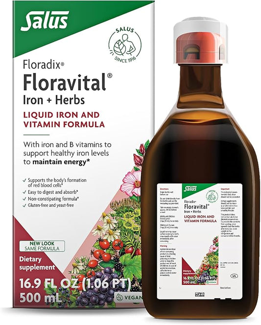 Floradix Floravital Liquid Iron & Vitamins Formula - Liquid Iron Supplement with B Complex Vitamins, Vitamin C & Herbs for Energy Support* - Vegan, Gluten-Free, Yeast- Free, Non-GMO - 16.9 Fl Oz