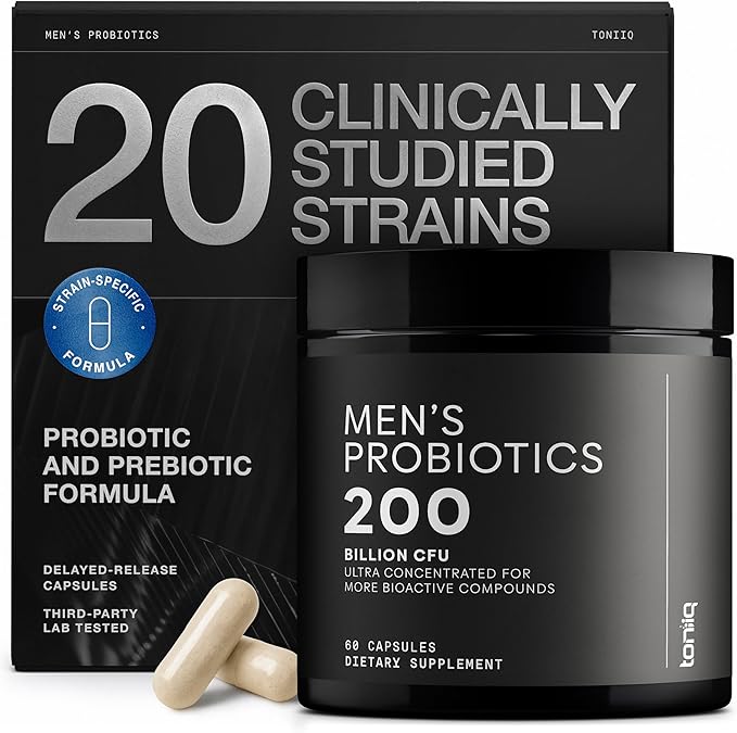 Toniiq Mens Probiotic with 20 Verified Strains – 200 Bilion CFU + 200mg FOS Prebiotic – Mens Probiotics for Gut Health - Cold-Chain & Delayed-Release – Lab-Tested Synbiotic Formula
