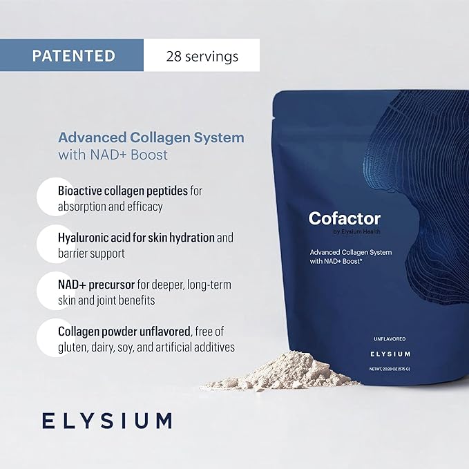ELYSIUM Cofactor – 4-in-1 Collagen Peptides Powder w/NAD+, Hyaluronic Acid & Vitamin C for Skin, Hair, Nails, Joints & Cellular Health, Collagen Supplements for Men & Women – Unflavored, 28 Servings