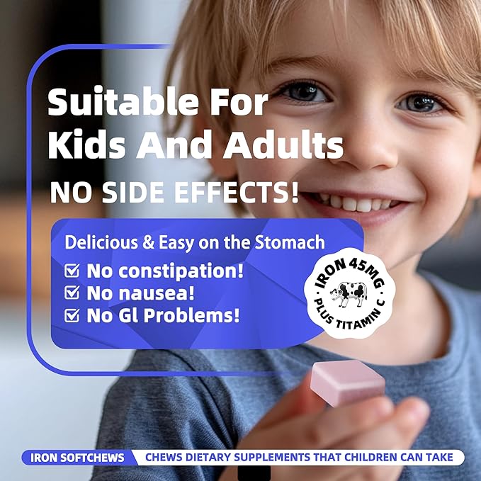 Iron Soft Chews Supplement with Vitamin C | Blueberry Flavored | Gluten Free | Iron Supplement for Women Men and Kids | 60 Count | 2 Month Supply