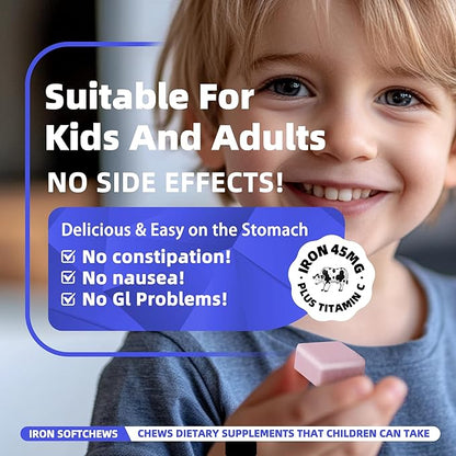 Iron Soft Chews Supplement with Vitamin C | Blueberry Flavored | Gluten Free | Iron Supplement for Women Men and Kids | 60 Count | 2 Month Supply