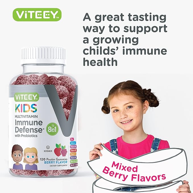 Viteey Kids Multivitamin Gummies with Probiotics - 8-1 Kids Vitamins for Immune Health Support with Vitamin C, D3, B12, B6, Zinc, Elderberry, Selenium - Vegetarian - Chewable Tasty Berry Flavored